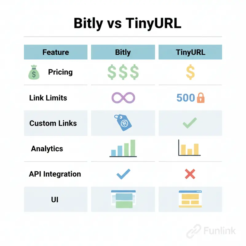 Bảng so sánh Bitly và TinyURL chi tiết về giá, giới hạn link, tùy chỉnh, phân tích, API và giao diện.