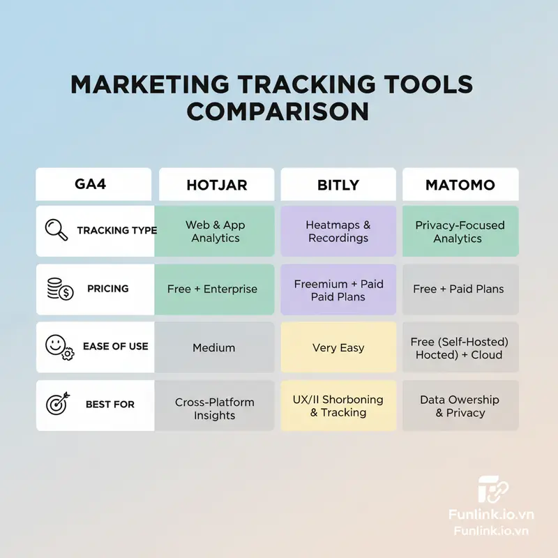 Bảng so sánh các công cụ tracking click GA4, Hotjar, Bitly, Matomo về giá, tính năng, và đối tượng sử dụng.