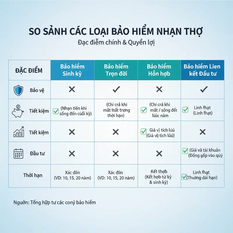 Bảng so sánh các loại hình bảo hiểm nhân thọ phổ biến
