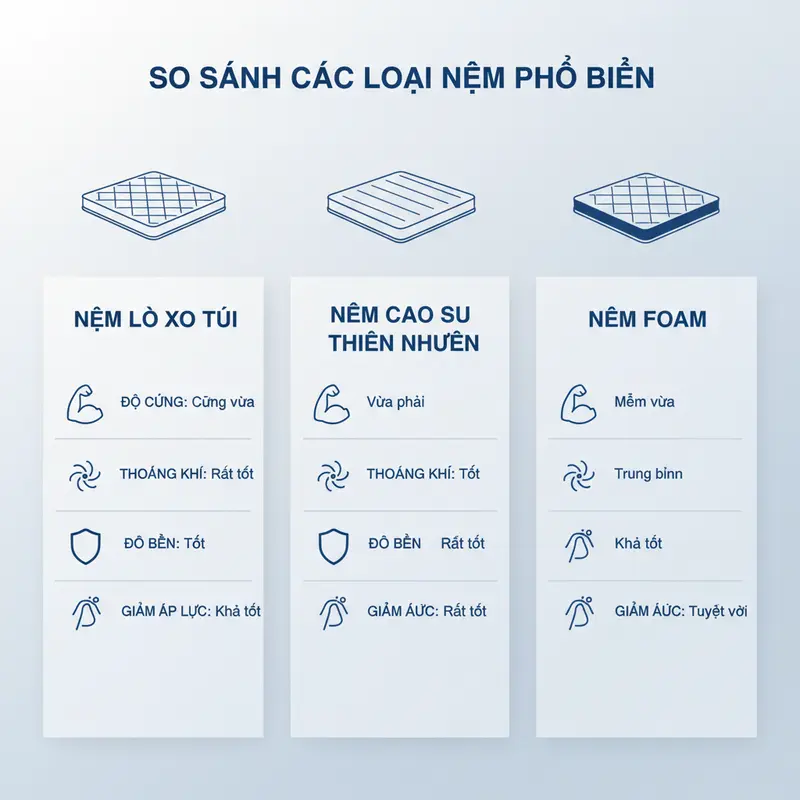So sánh các loại nệm phổ biến: nệm lò xo, nệm cao su và nệm foam