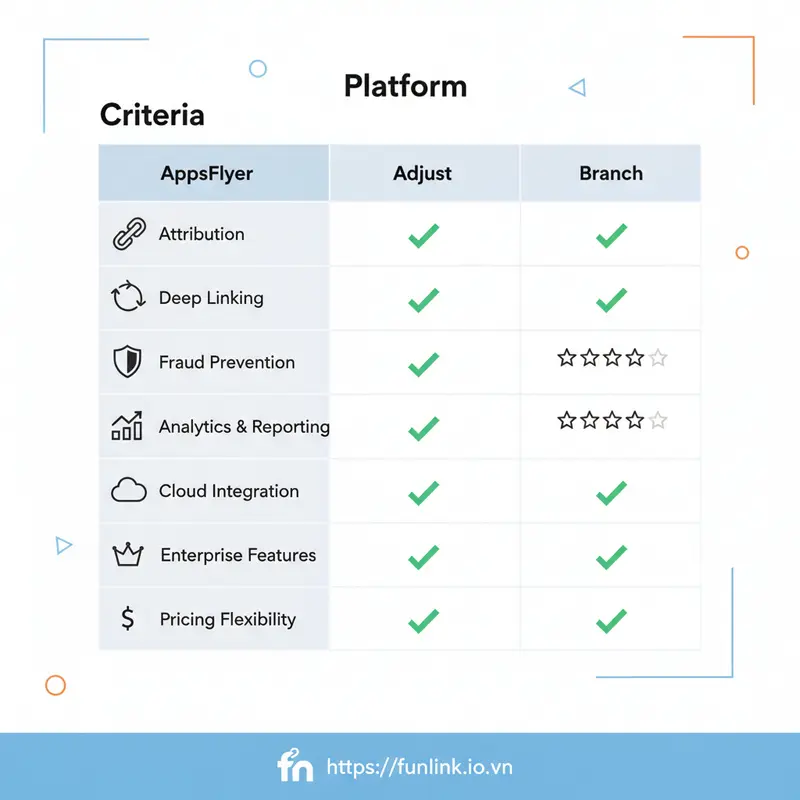 Bảng so sánh các nền tảng deep linking về tính năng và chi phí
