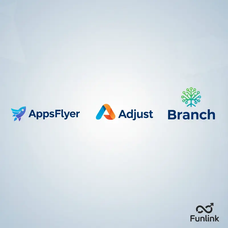 Logo của ba nền tảng deep linking AppsFlyer, Adjust và Branch để so sánh