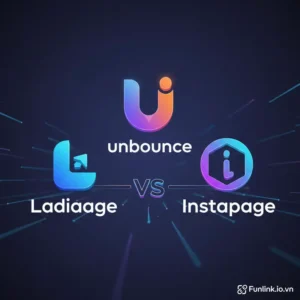 So sánh các nền tảng tạo landing page phổ biến Ladipage, Instapage, Unbounce trên nền trừu tượng.