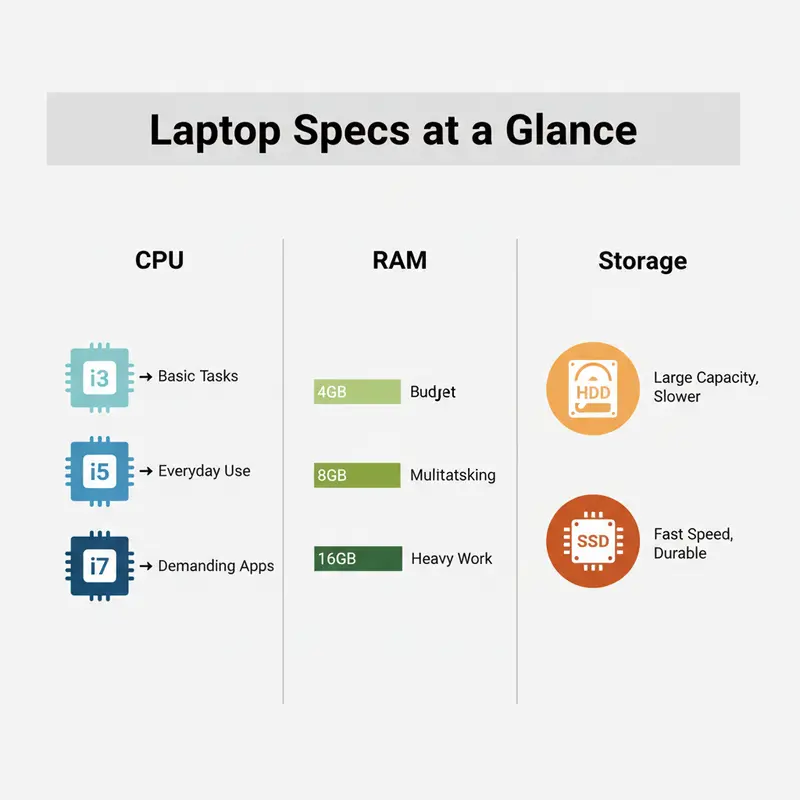 Infographic so sánh các tiêu chí cấu hình laptop: CPU, RAM, SSD