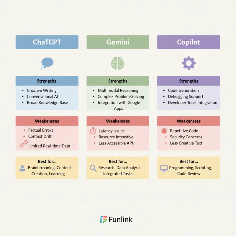 Infographic tổng kết so sánh ChatGPT, Google Gemini, Copilot về điểm mạnh, yếu và ứng dụng.