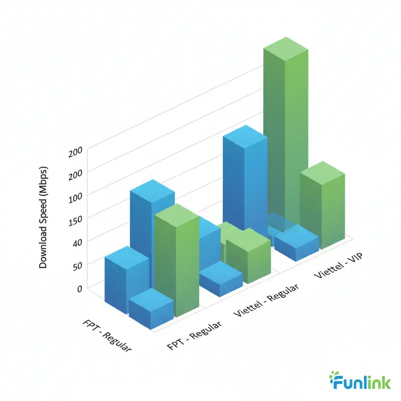 Biểu đồ cột so sánh tốc độ download của Fshare và 4share trên mạng FPT và Viettel, tài khoản thường và VIP.