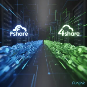 So sánh Fshare và 4share trên nền logo của hai dịch vụ, thể hiện sự đối đầu về tốc độ và tính năng.
