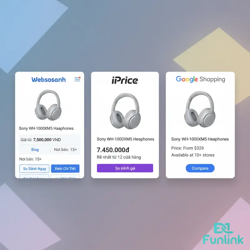 So sánh giá sản phẩm online với giao diện của Websosanh, iPrice, và Google Shopping cho tai nghe Sony.