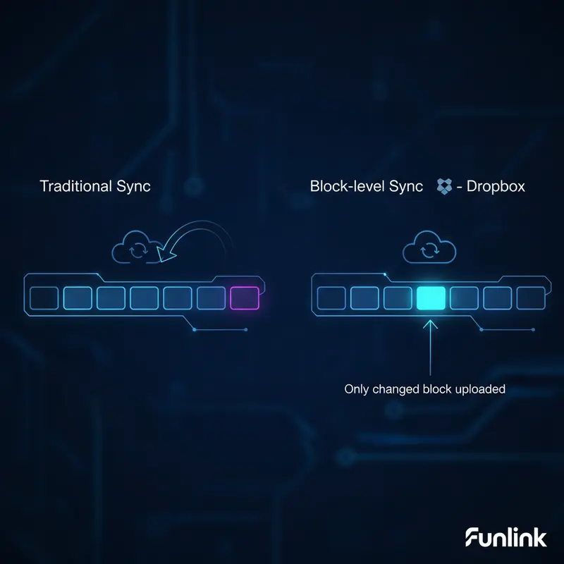 Sơ đồ so sánh Google Drive và Dropbox về công nghệ đồng bộ hóa khối (block-level sync) giúp tăng tốc độ cập nhật file.
