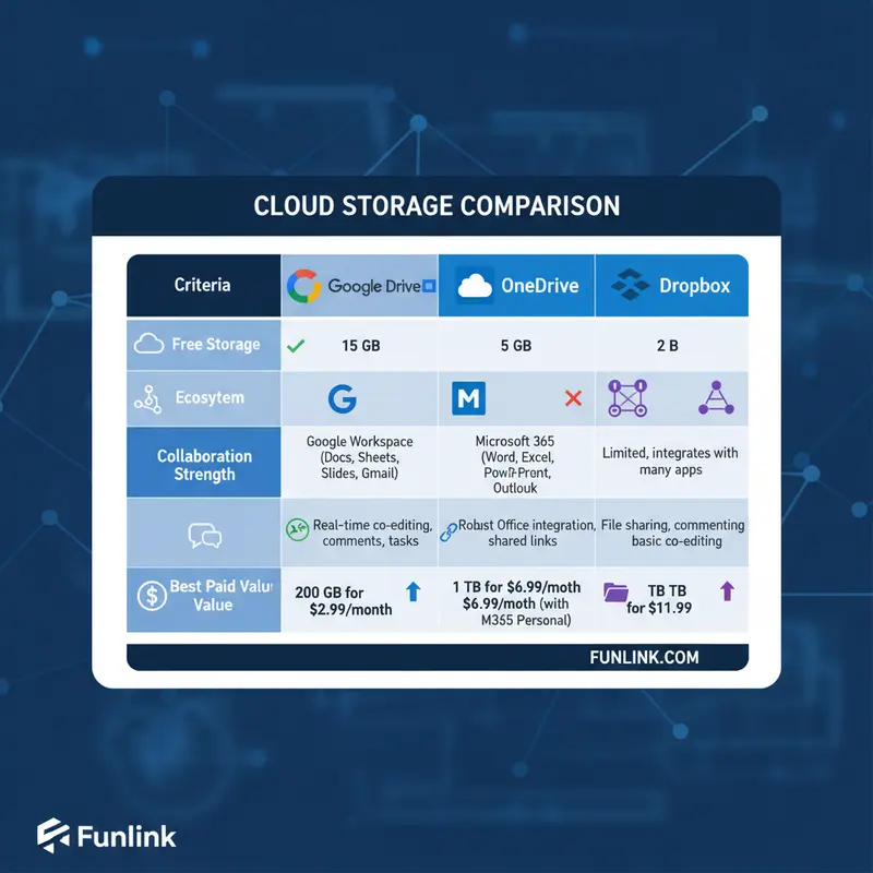 Bảng tóm tắt so sánh Google Drive vs OneDrive vs Dropbox về các tiêu chí chính như dung lượng, hệ sinh thái, và giá trị.