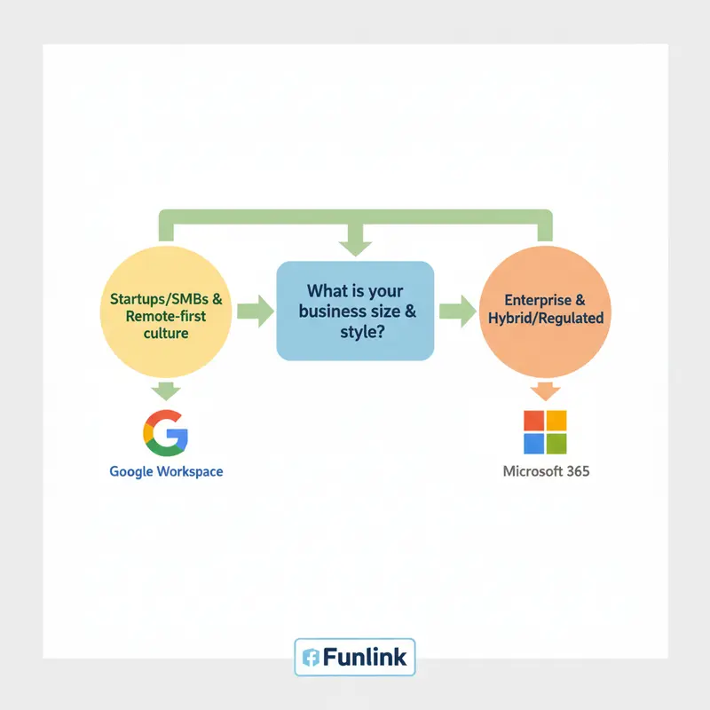 Infographic tóm tắt khi nào nên chọn Google Workspace và Microsoft 365 cho doanh nghiệp.