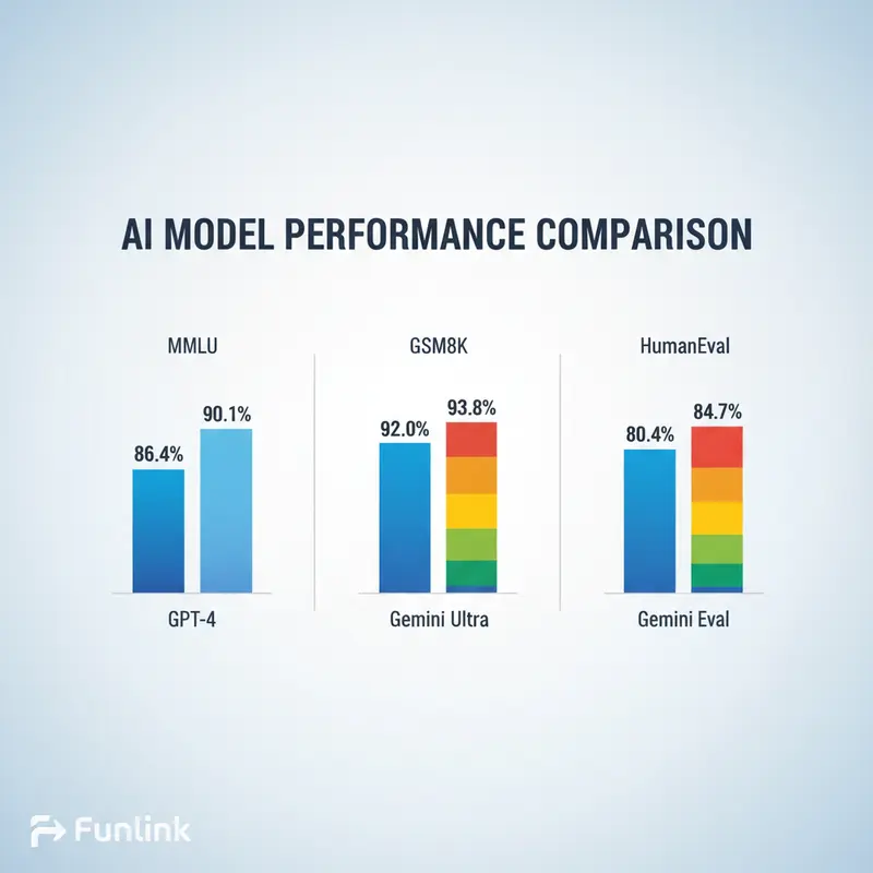 Biểu đồ so sánh GPT-4 và Gemini Ultra trên các benchmark MMLU, GSM8K, HumanEval.