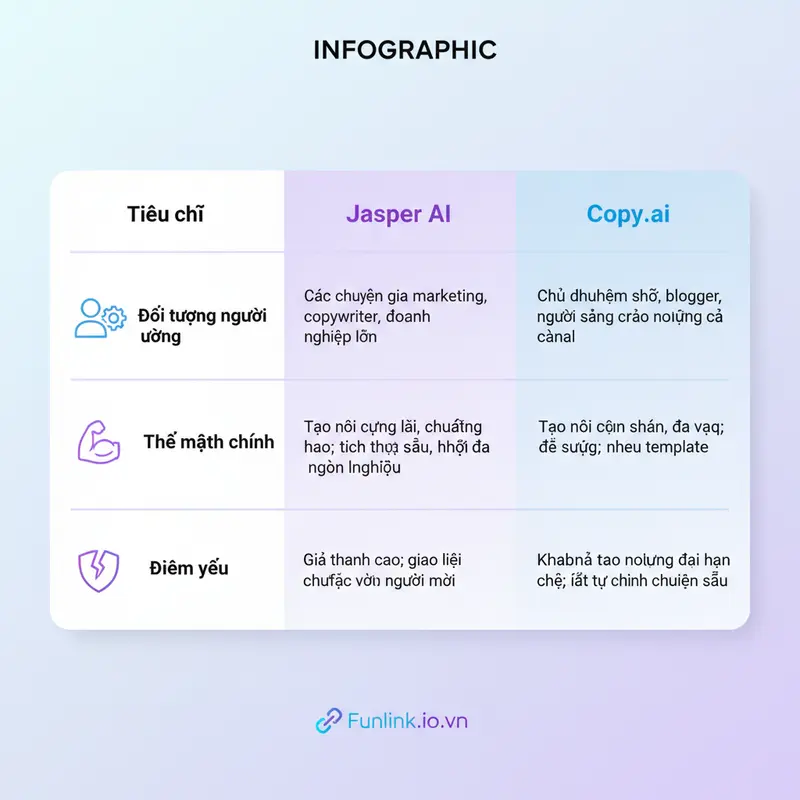 Bảng so sánh Jasper AI và Copy.ai về các tiêu chí chính như đối tượng, điểm mạnh và điểm yếu.