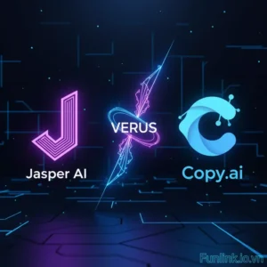 So sánh Jasper AI và Copy.ai - hình ảnh logo của hai công cụ trên nền công nghệ tương lai.