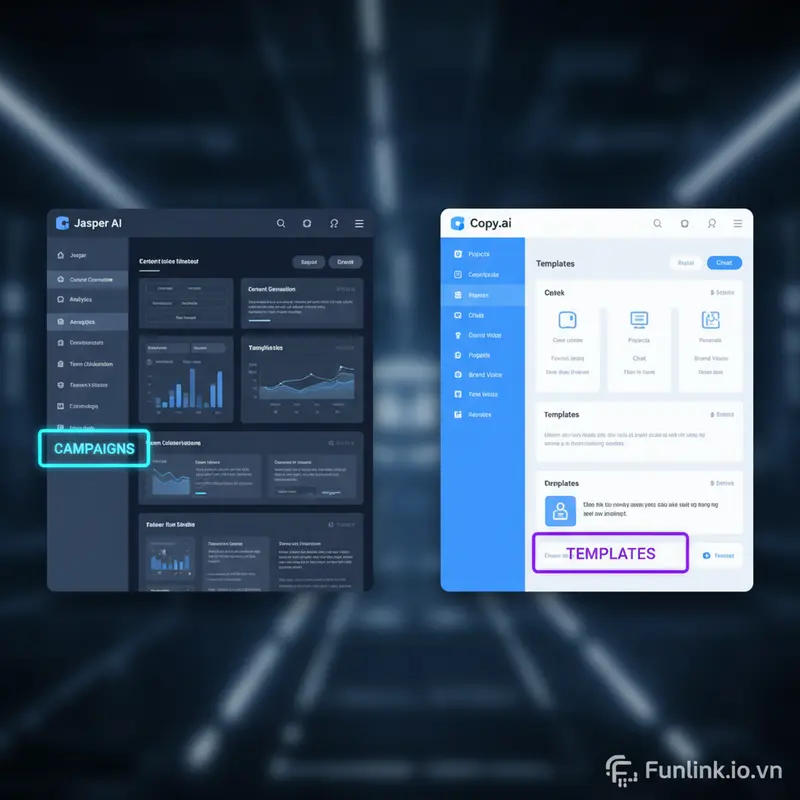 So sánh giao diện dashboard của Jasper AI và Copy.ai, làm nổi bật sự khác biệt về trải nghiệm người dùng.