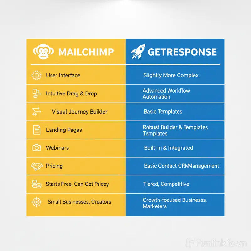 Bảng so sánh Mailchimp và GetResponse chi tiết về các tính năng, giá cả và đối tượng.