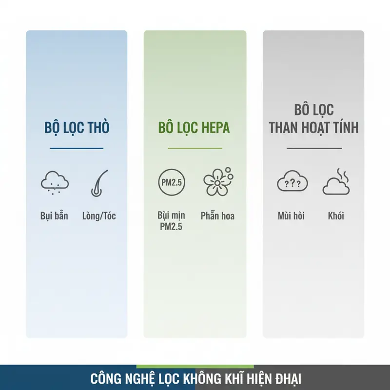 Infographic so sánh các loại màng lọc không khí phổ biến: màng lọc thô, màng lọc HEPA và màng lọc than hoạt tính