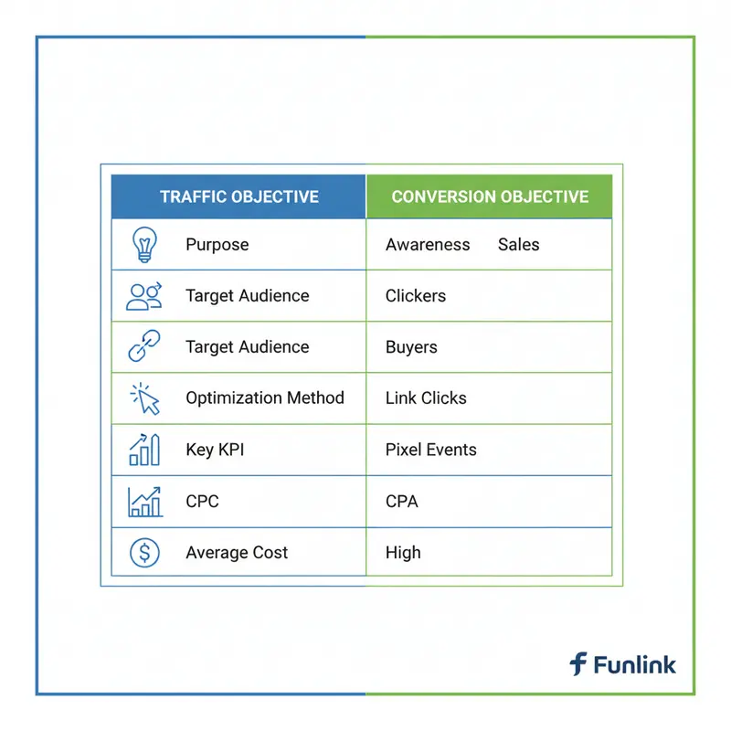 Bảng so sánh mục tiêu chiến dịch traffic và conversion chi tiết về mục đích, đối tượng, KPI và chi phí.