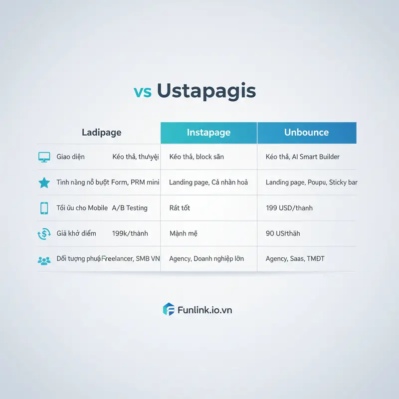 Bảng so sánh các nền tảng tạo landing page Ladipage, Instapage, Unbounce về tính năng và chi phí.
