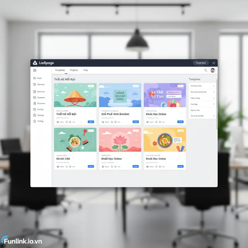 Giao diện kéo-thả của công cụ tạo landing page Ladipage với template tiếng Việt.