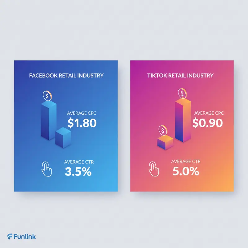 Infographic so sánh quảng cáo Facebook và TikTok về chỉ số CPC và CTR ngành bán lẻ.