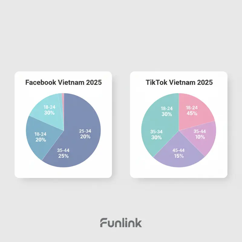 Biểu đồ so sánh quảng cáo Facebook và TikTok về phân bổ độ tuổi người dùng tại Việt Nam.