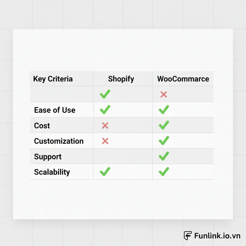 Bảng so sánh Shopify và WooCommerce về các tiêu chí quan trọng như chi phí, dễ sử dụng, và khả năng tùy biến.