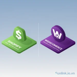 So sánh Shopify và WooCommerce trên nền tảng logo hai thương hiệu đặt cạnh nhau
