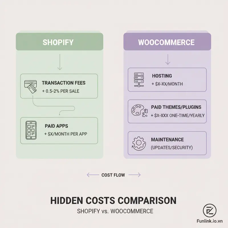 Infographic so sánh chi phí ẩn của Shopify và WooCommerce, bao gồm phí giao dịch và chi phí hosting.