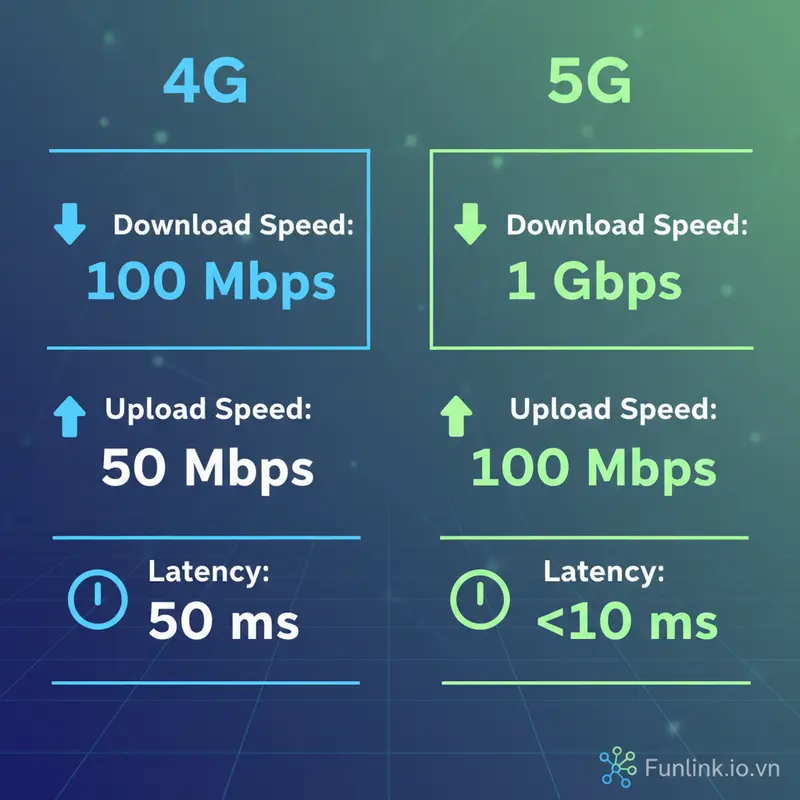 Infographic so sánh tốc độ 5G và 4G về các chỉ số download, upload, và độ trễ (ping).