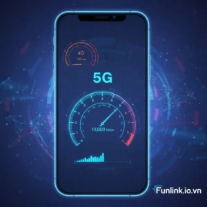 So sánh tốc độ 5G và 4G qua hình ảnh một chiếc điện thoại hiển thị đồng hồ tốc độ cao, nền công nghệ tương lai.