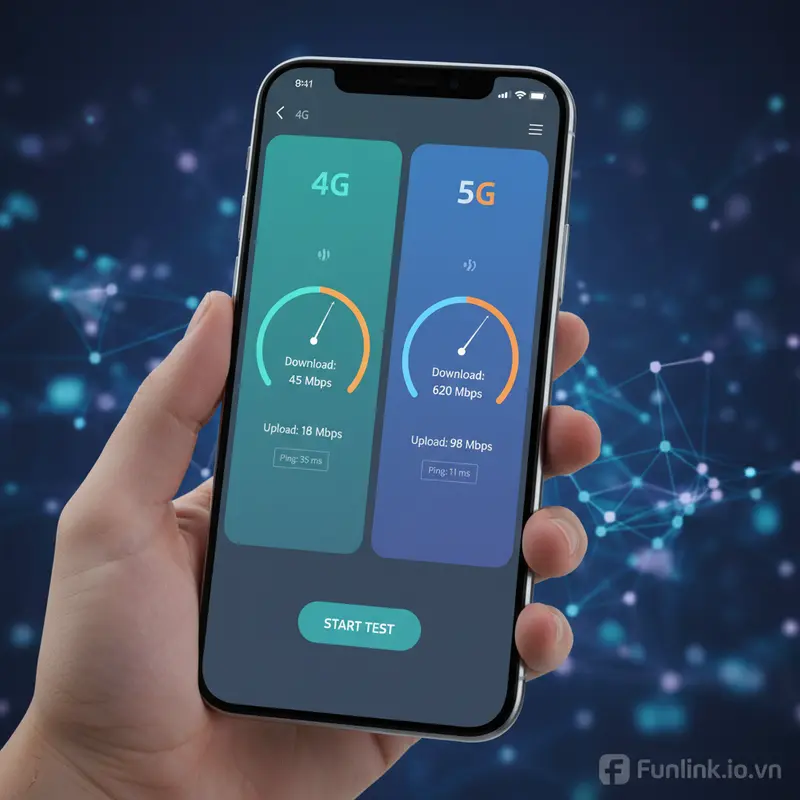 Kết quả speedtest thực tế so sánh tốc độ 5G và 4G, cho thấy 5G nhanh hơn vượt trội.