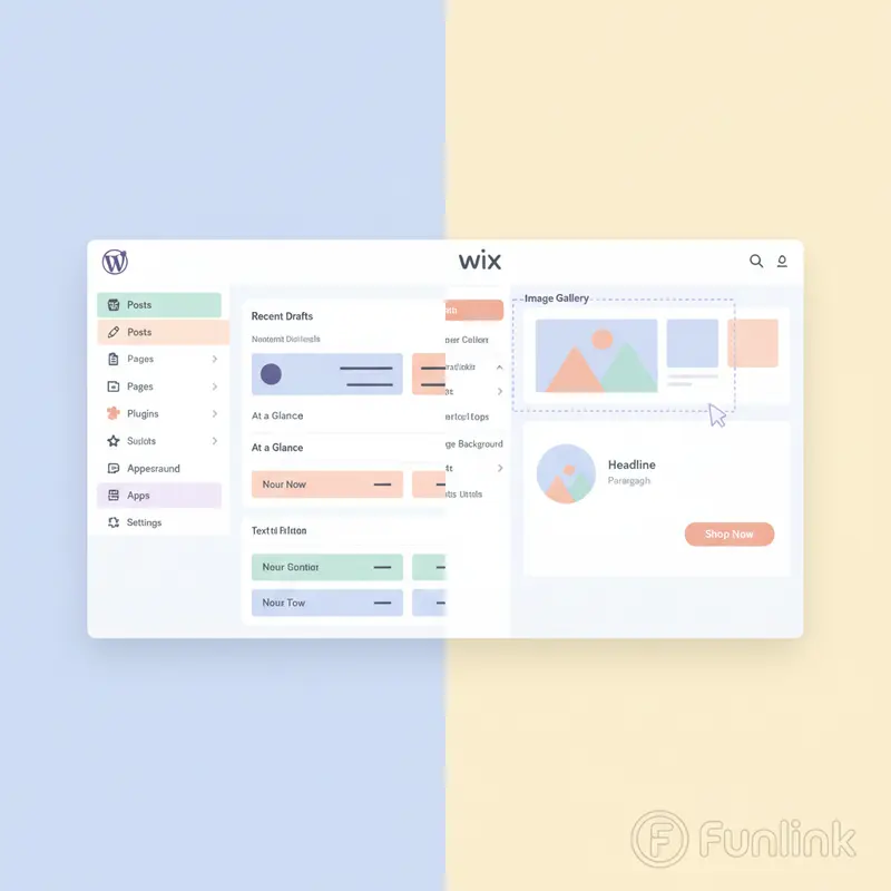 So sánh WordPress và Wix qua giao diện: dashboard WordPress bên trái và trình chỉnh sửa kéo-thả của Wix bên phải.
