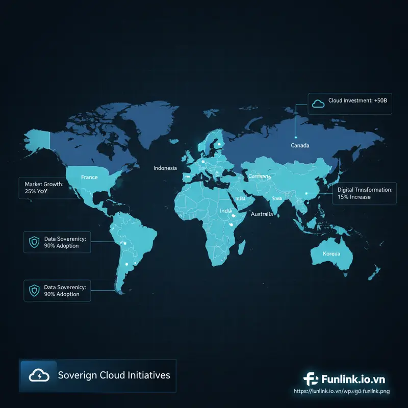 Bản đồ thế giới hiển thị các quốc gia đang triển khai Sovereign Cloud và tốc độ tăng trưởng của thị trường này.