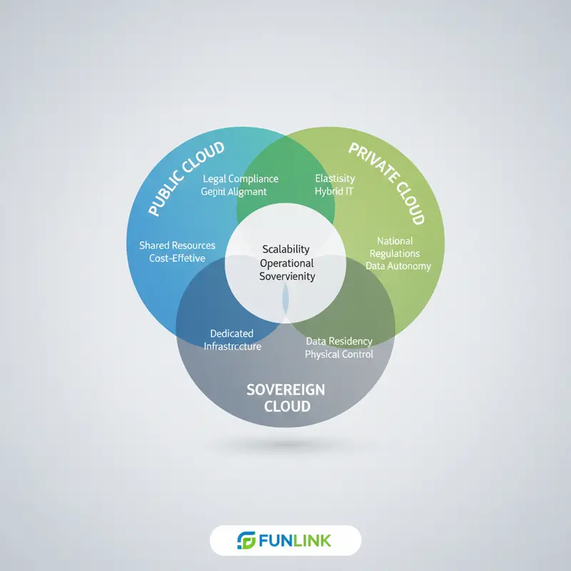 Sơ đồ Venn so sánh Sovereign Cloud với Private và Public Cloud về các tiêu chí bảo mật, kiểm soát và tuân thủ pháp lý.