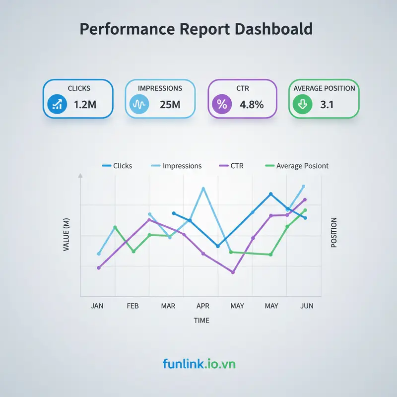 Phân tích báo cáo Hiệu suất khi sử dụng Google Search Console với 4 chỉ số chính.