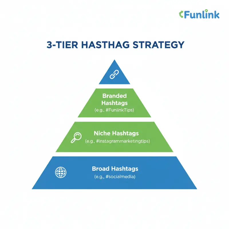 Infographic giải thích cách sử dụng hashtag Instagram hiệu quả với mô hình 3 tầng: rộng, ngách và thương hiệu.