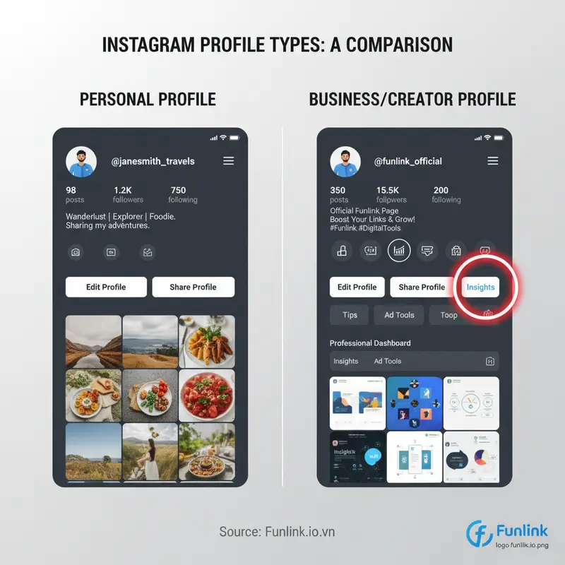 Sử dụng Instagram hiệu quả hơn với tài khoản Business, so sánh tính năng phân tích chi tiết so với tài khoản cá nhân.