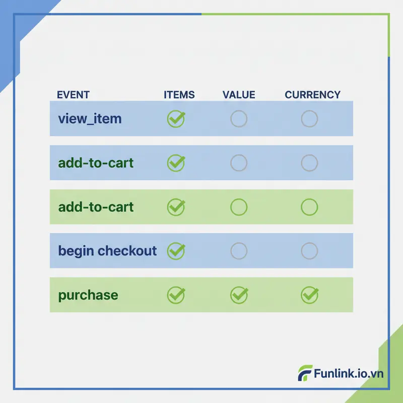 Bảng so sánh các tham số bắt buộc cho sự kiện e-commerce GA4: items, value, currency đối với view_item, add_to_cart, begin_checkout, purchase.