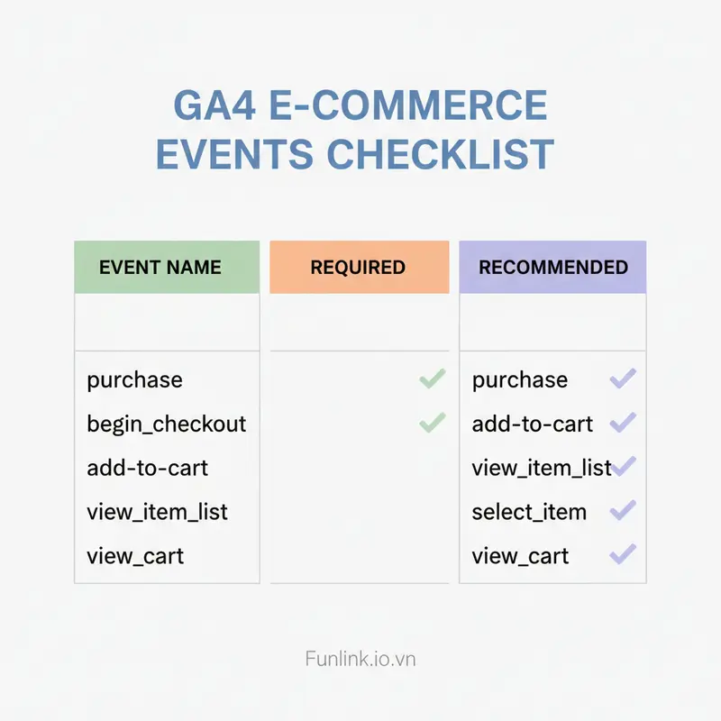 Checklist các sự kiện e-commerce GA4 quan trọng, phân loại theo mức độ Bắt buộc và Nên có để theo dõi hiệu quả.