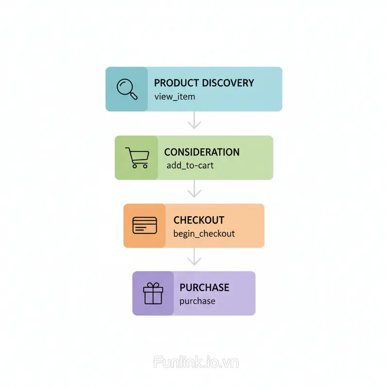 Sơ đồ phễu mua hàng e-commerce trong GA4 với các sự kiện tương ứng như view_item, add_to_cart, begin_checkout và purchase.