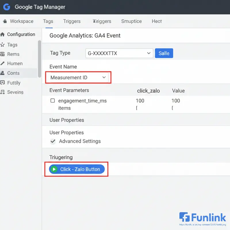 Cấu hình thẻ sự kiện GA4 trong GTM để gửi dữ liệu về sự kiện và chuyển đổi trong GA4.