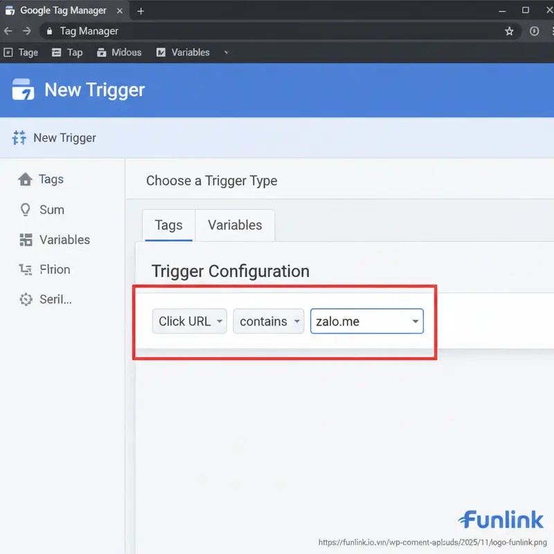 Cấu hình trigger trong GTM để theo dõi sự kiện và chuyển đổi trong GA4 với điều kiện Click URL chứa zalo.me.