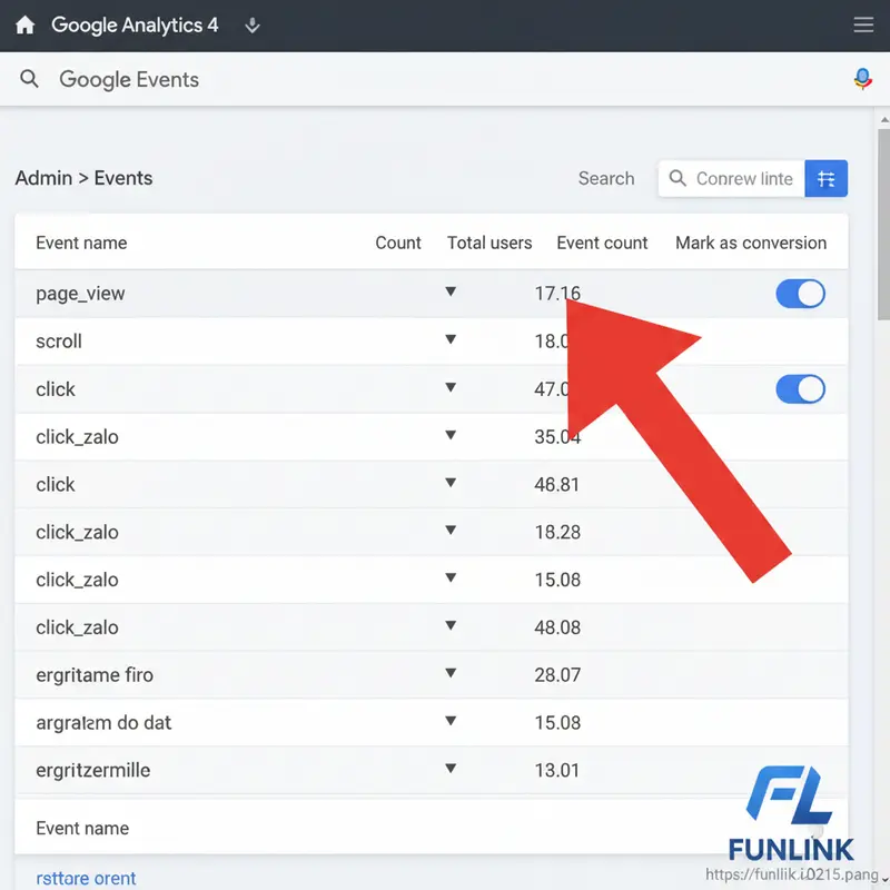 Đánh dấu một sự kiện là chuyển đổi trong GA4 bằng cách bật nút gạt trong khu vực Quản trị.