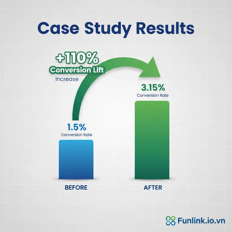 Biểu đồ cột thể hiện sự liên quan giữa quảng cáo và landing page đã giúp tăng tỷ lệ chuyển đổi lên 110% trong case study thực tế.