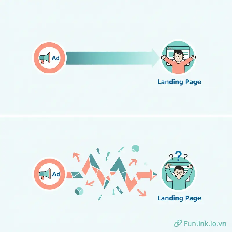 Minh họa sự liên quan giữa mẫu quảng cáo và landing page qua hai con đường: một đường thẳng liền mạch và một đường gãy khúc, hỗn loạn.