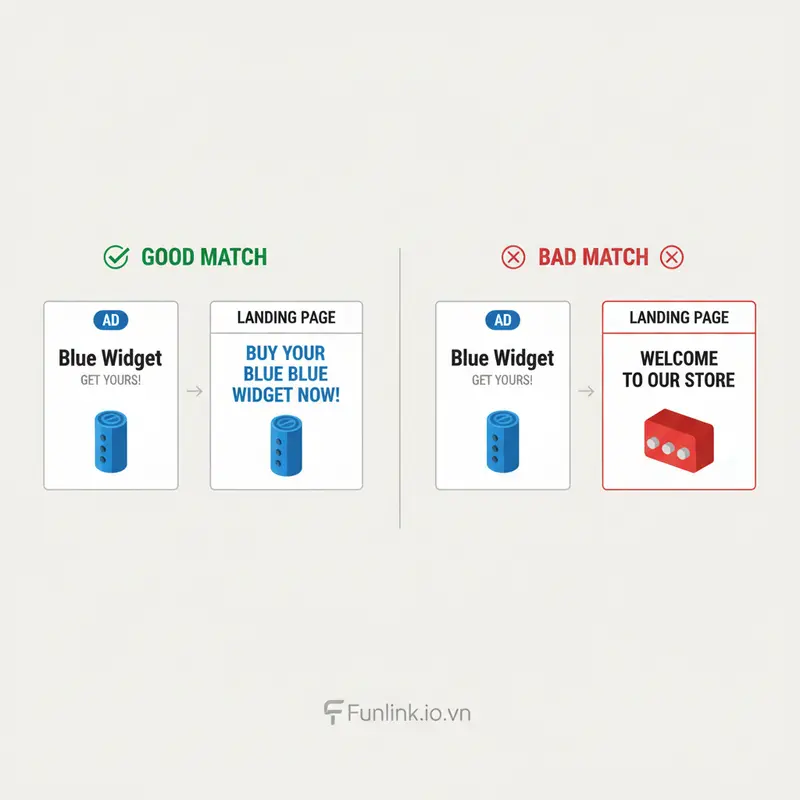 So sánh sự liên quan giữa quảng cáo và landing page: bên trái là quảng cáo và trang đích khớp nhau, bên phải là ví dụ lệch pha gây khó hiểu.
