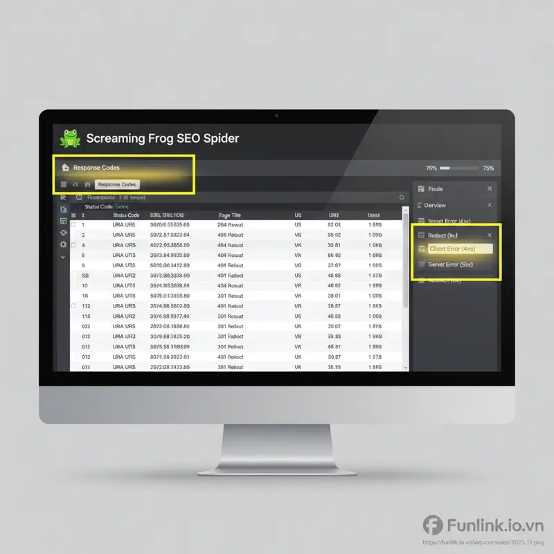 Dùng Screaming Frog để audit và tìm các lỗi 404 Client Error.