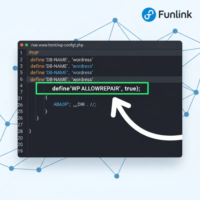 Hướng dẫn thêm code WP_ALLOW_REPAIR để sửa lỗi Error Establishing a Database Connection trong file wp-config.php.