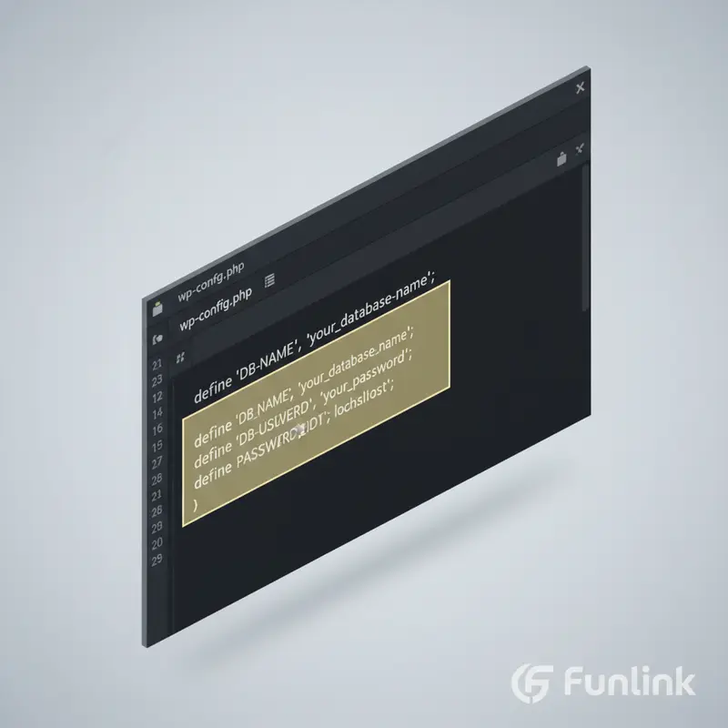 Minh họa file wp-config.php để sửa lỗi Error Establishing a Database Connection, làm nổi bật thông tin database.